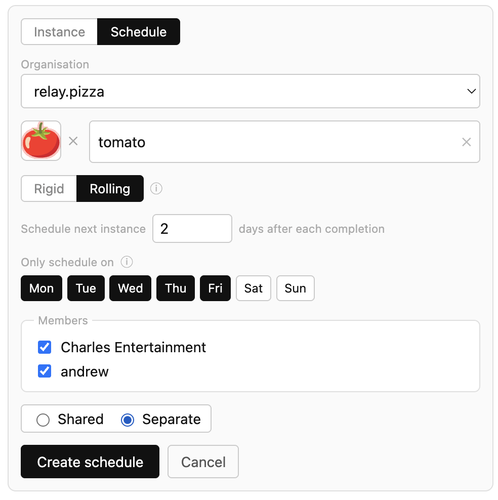 The schedule form: a rolling two-day cycle, weekends excluded, assigned to two members